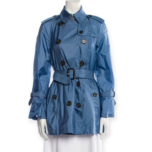 Burberry Double Breasted Blue Nylon Trench Coat Ruffle Trim Waist Belt US 12 - Picture 1 of 17
